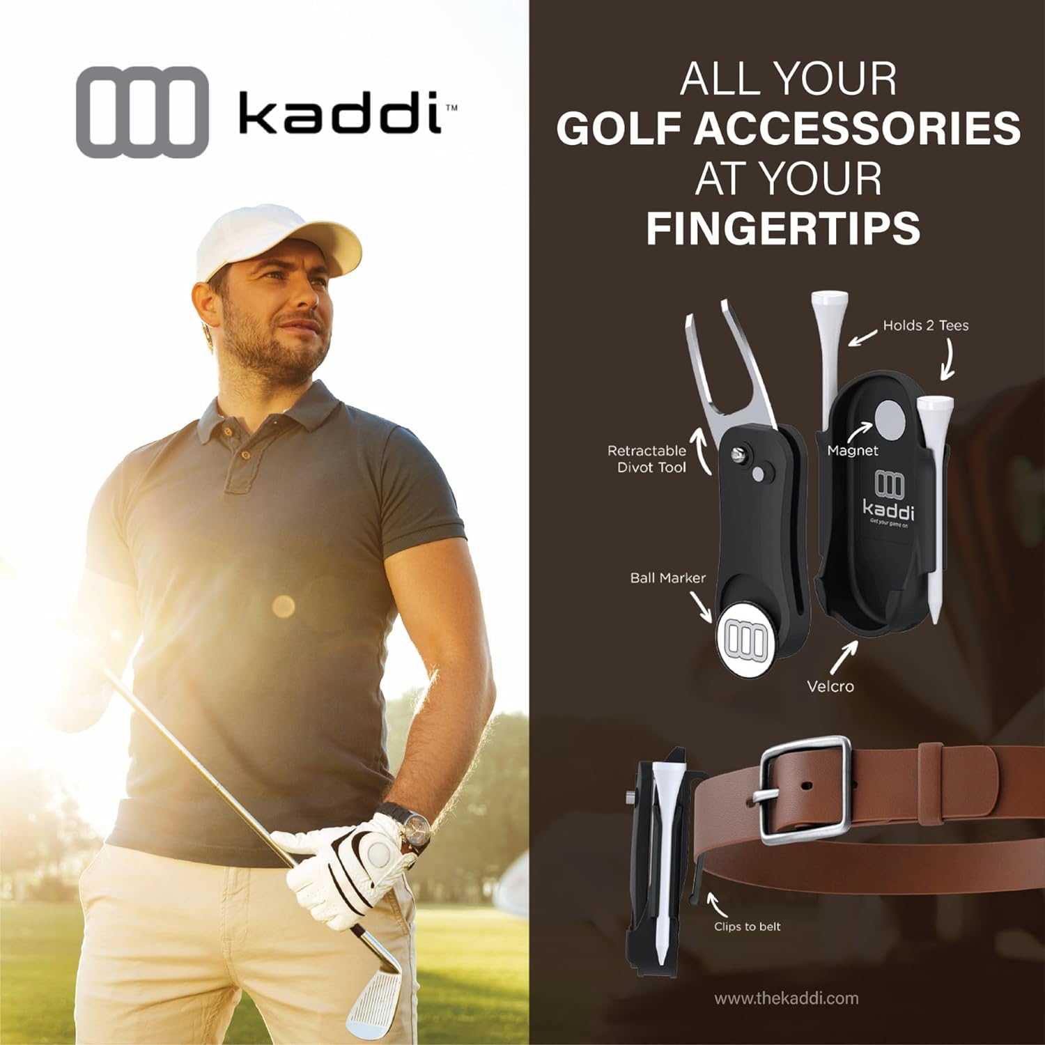 theKADDI Multifunktionales Golfzubehör-Werkzeug – Magnetischer Golfballmarker, schnelle Aktion, Pitchgabel-Reparaturwerkzeug, Golf-Tee-Halter und Handschuhhalter! Gürtelclip für bequemen Zugriff