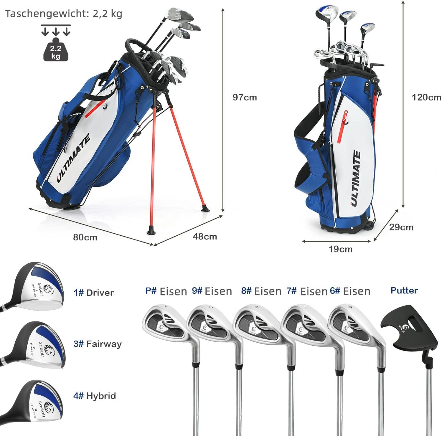 GYMAX Complete Golf Clubs Set for Men Golf Set with Stand Bag Golf Club Sets Including 1# Aluminum Driver, 3# Fairway Wood, 4# Hybrid, 6-9# Iron, P# Zinc Iron, Putter